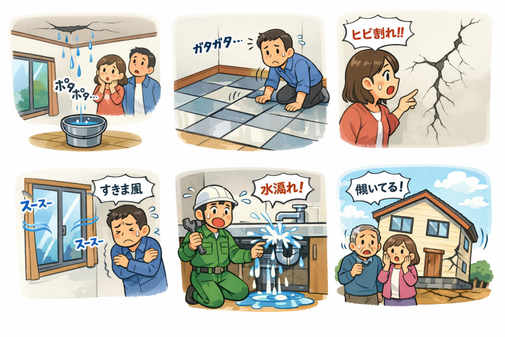 Couple stands in a room with a cracked ceiling, a bucket catching dripping water.