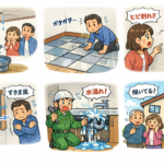 Couple stands in a room with a cracked ceiling, a bucket catching dripping water.